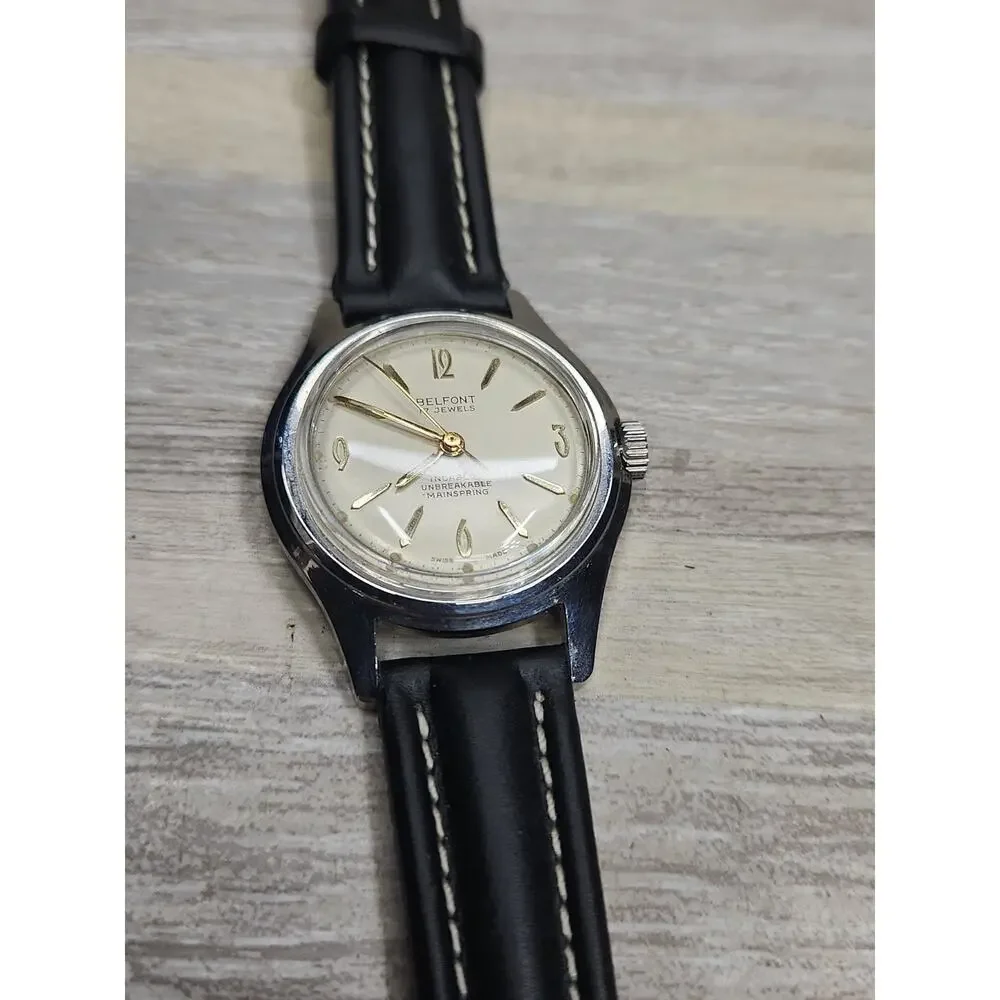 Vintage Belfont 17 Jewels Manual Wind Incabloc watch. New Leather Band. 1950's